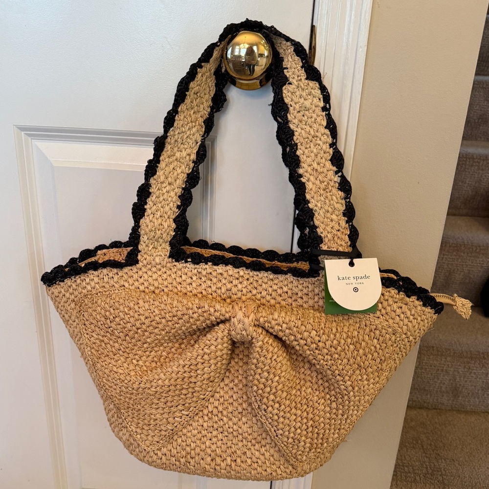 Kate Spade Tan and Black Bohemian Target Raffia Tote Bag